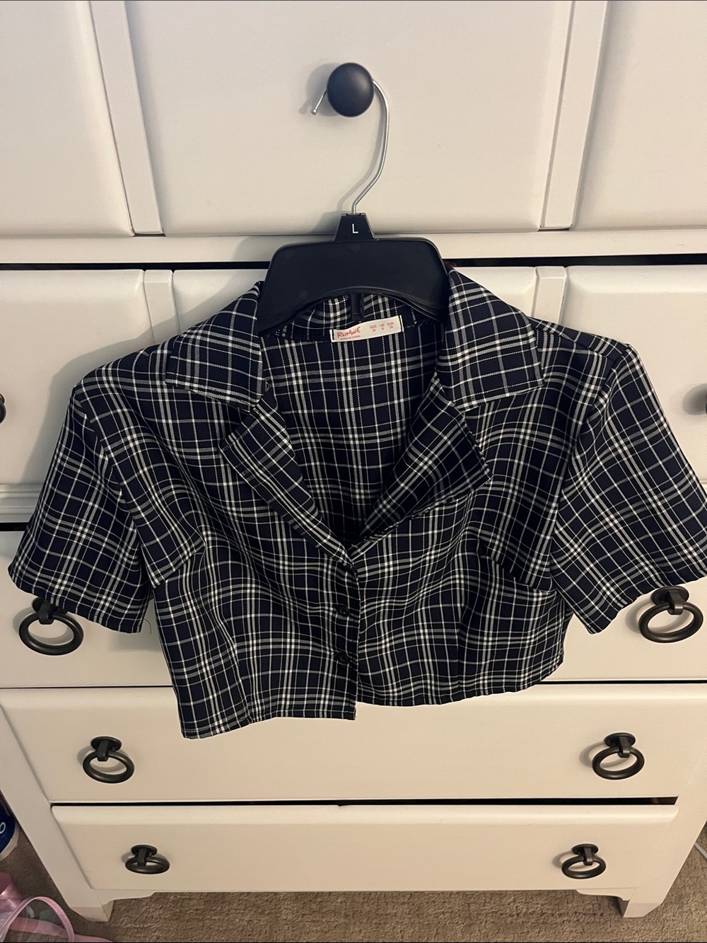 ROMWE Black & White Plaid Cropped Button-Up Top